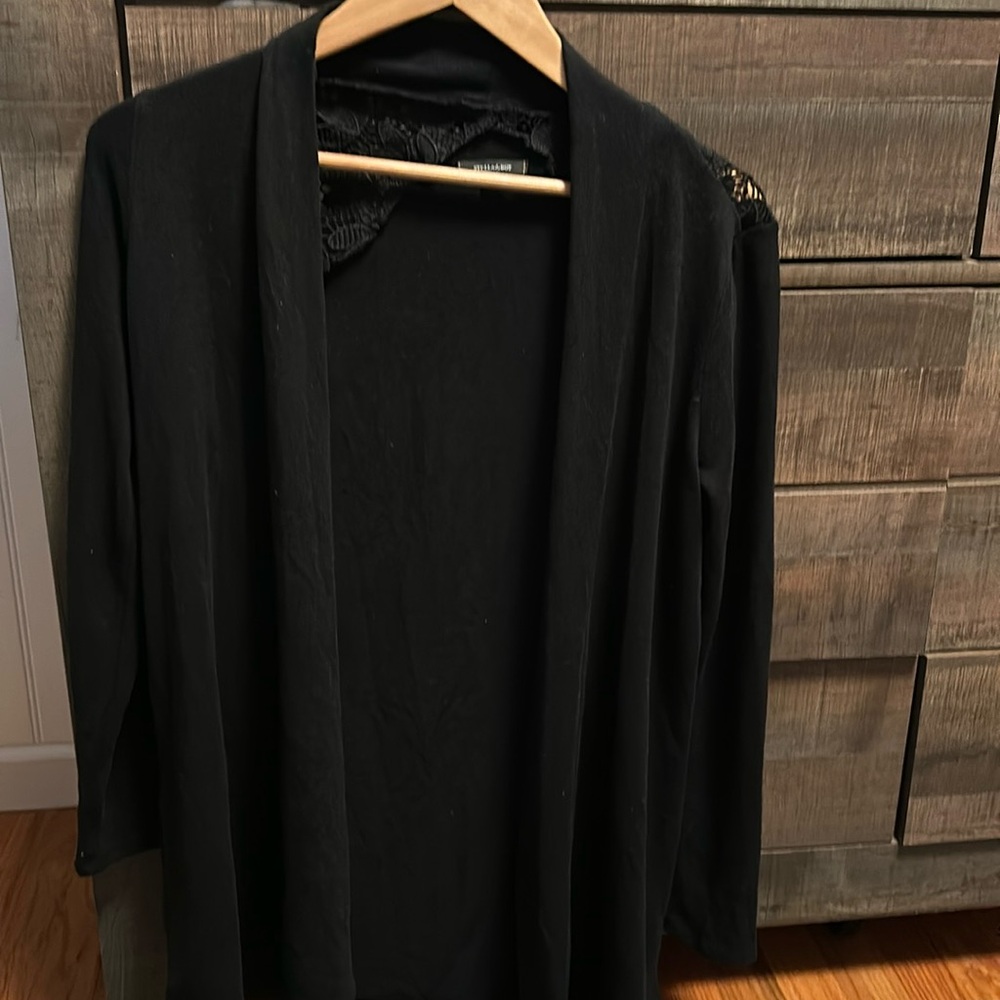 Stella & dot black open cardigan. Lace details on back . Gently used Size small